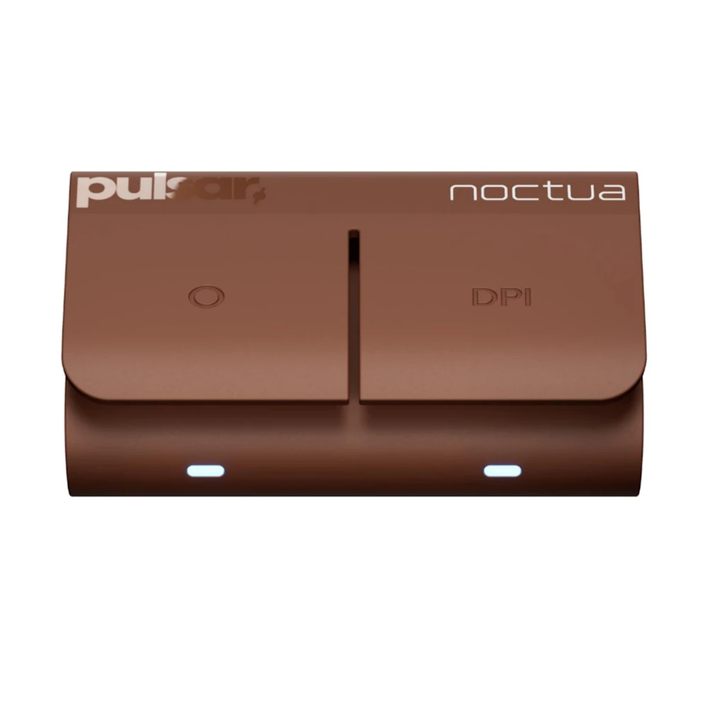 A large main feature product image of EX-DEMO Pulsar x Noctua Feinmann F01 - 73g Lightweight 8K Wireless Fan-Cooled Gaming Mouse (Noctua Edition)