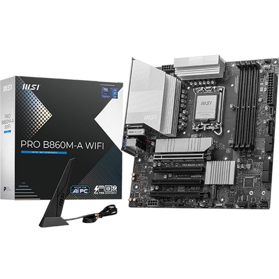 A large main feature product image of EX-DEMO MSI PRO B860M-A WIFI LGA1851 mATX Desktop Motherboard