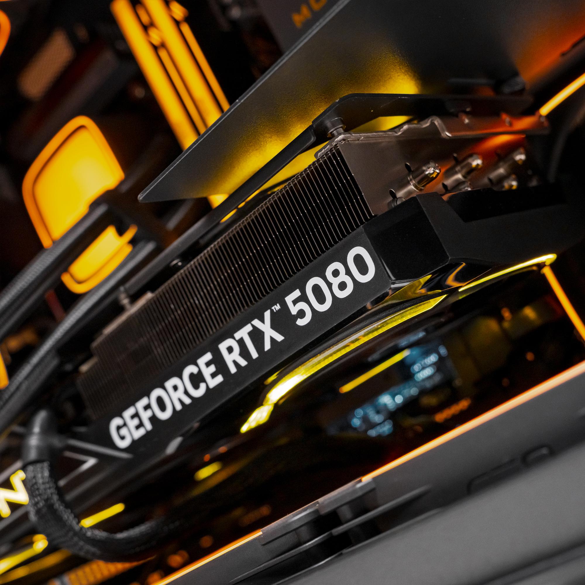 A large main feature product image of PLE Volt RTX 5080 Prebuilt Ready To Go Gaming PC