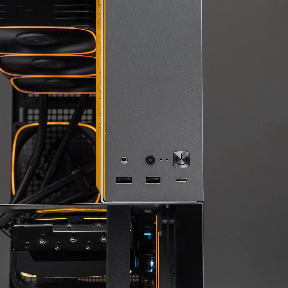 A large main feature product image of PLE Volt RTX 5080 Prebuilt Ready To Go Gaming PC