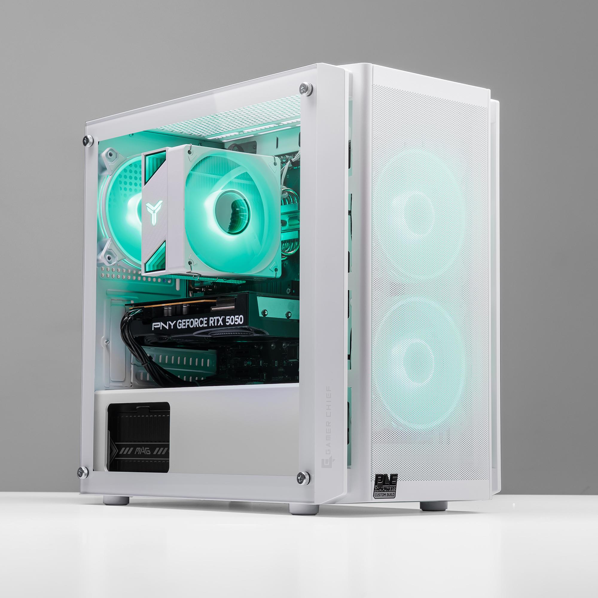 A large main feature product image of PLE Pearl RTX 5050 Prebuilt Ready To Go Gaming PC