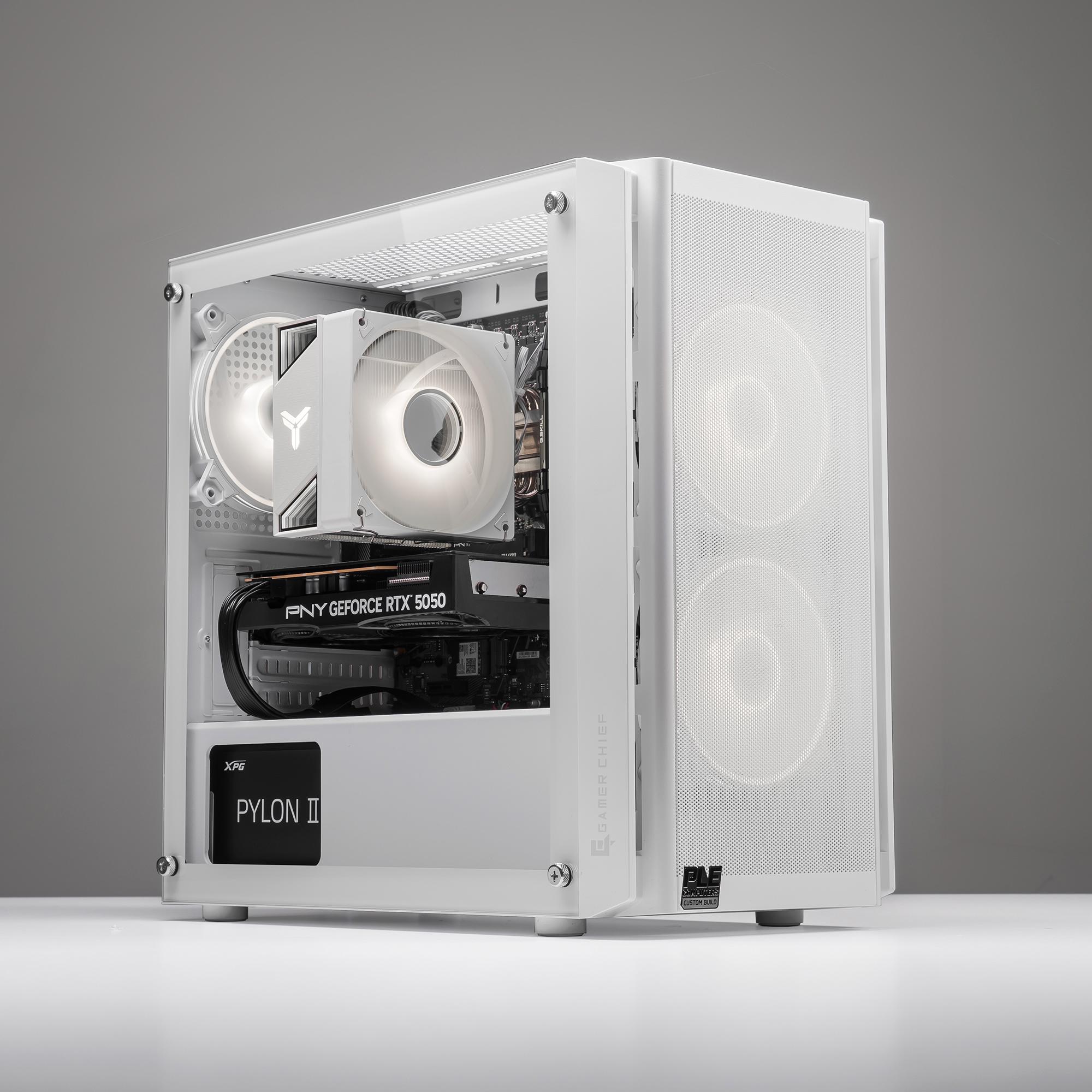 A large main feature product image of PLE Ivory RTX 5050 Prebuilt Ready To Go Gaming PC
