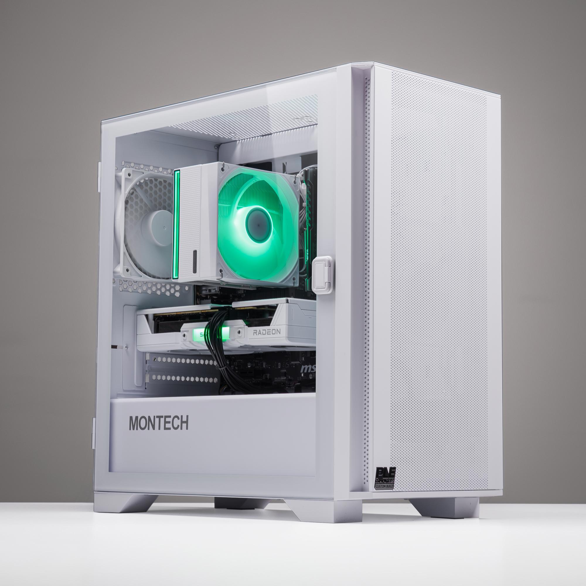 A large main feature product image of PLE Aura RX 9060 XT Prebuilt Ready To Go Gaming PC