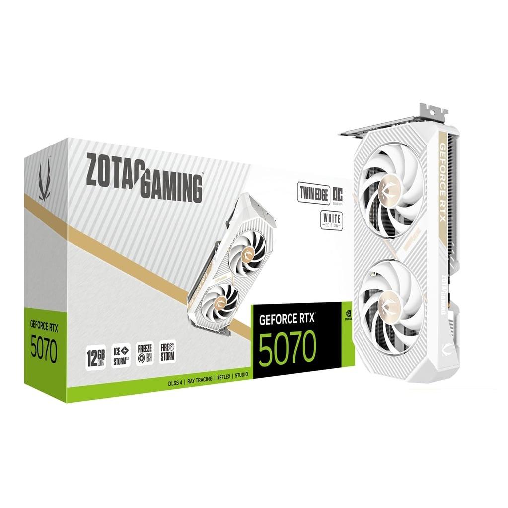 A large main feature product image of ZOTAC GAMING GeForce RTX 5070 Twin Edge OC 12GB GDDR7 (White)