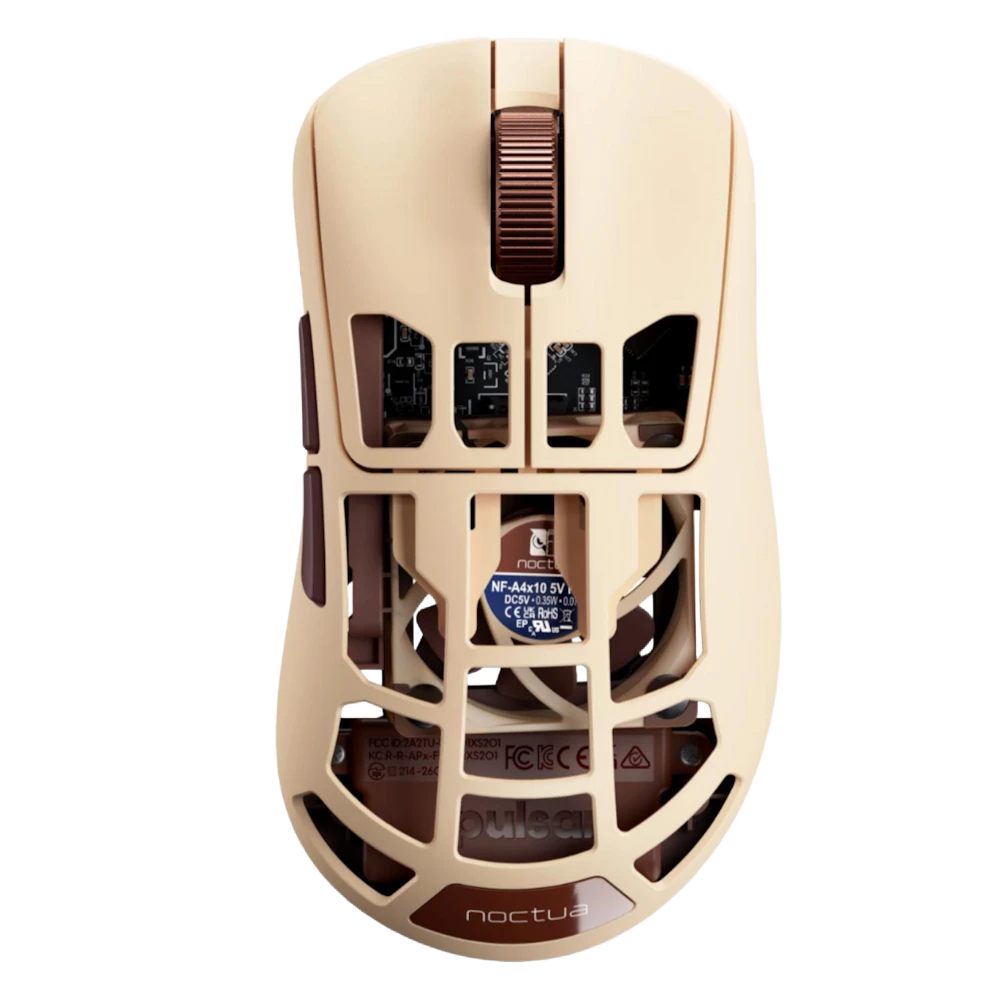A large main feature product image of EX-DEMO Pulsar x Noctua Feinmann F01 - 73g Lightweight 8K Wireless Fan-Cooled Gaming Mouse (Noctua Edition)