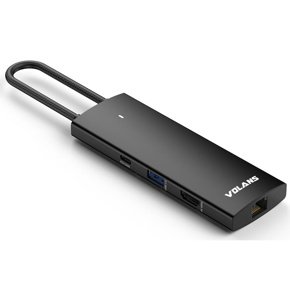 A large main feature product image of VOLANS Aluminium 9-in-1 USB-C Hub with 100w PD
