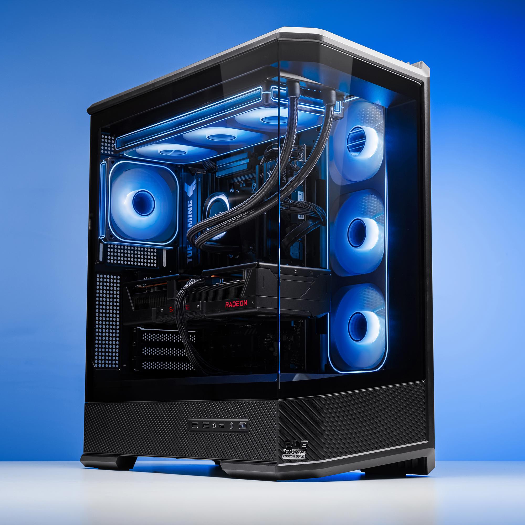 A large main feature product image of PLE Monsoon RX 9070 XT Prebuilt Ready To Go Gaming PC