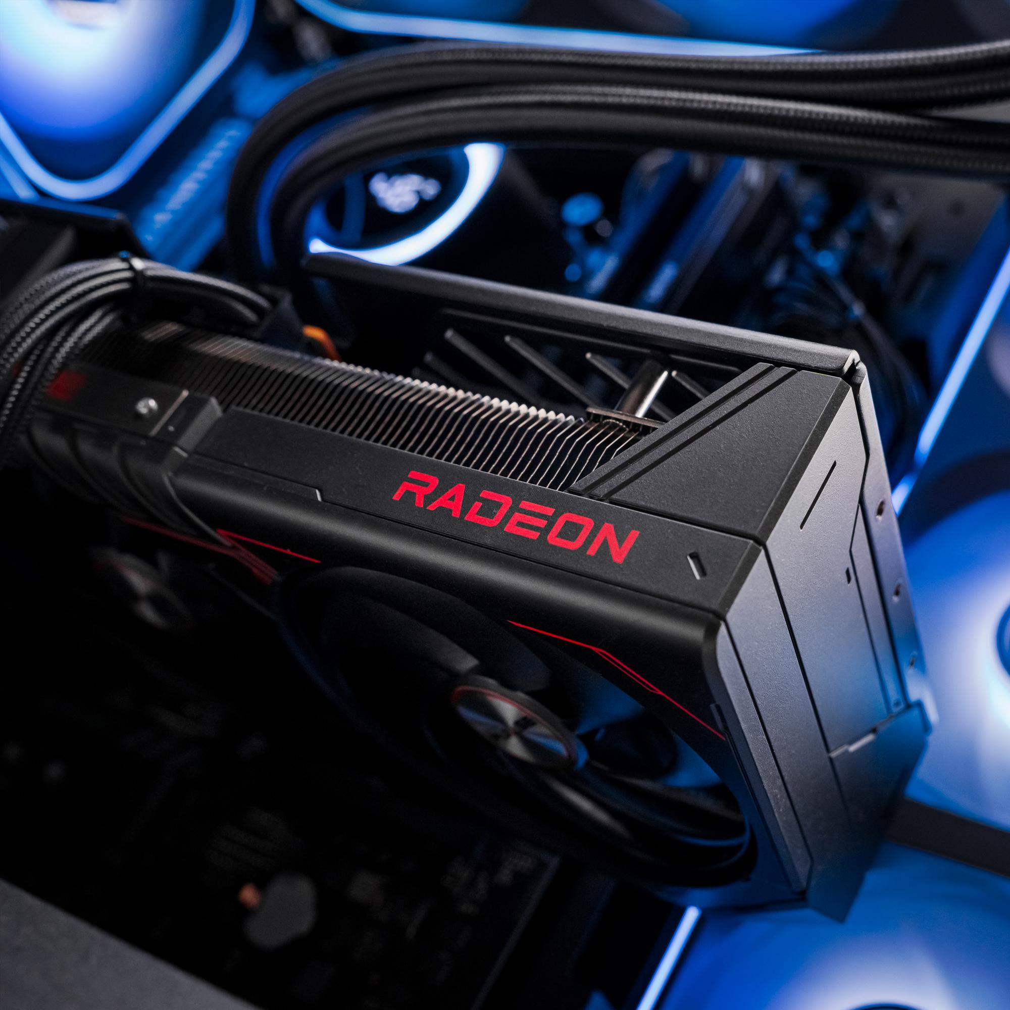 A large main feature product image of PLE Monsoon RX 9070 XT Prebuilt Ready To Go Gaming PC