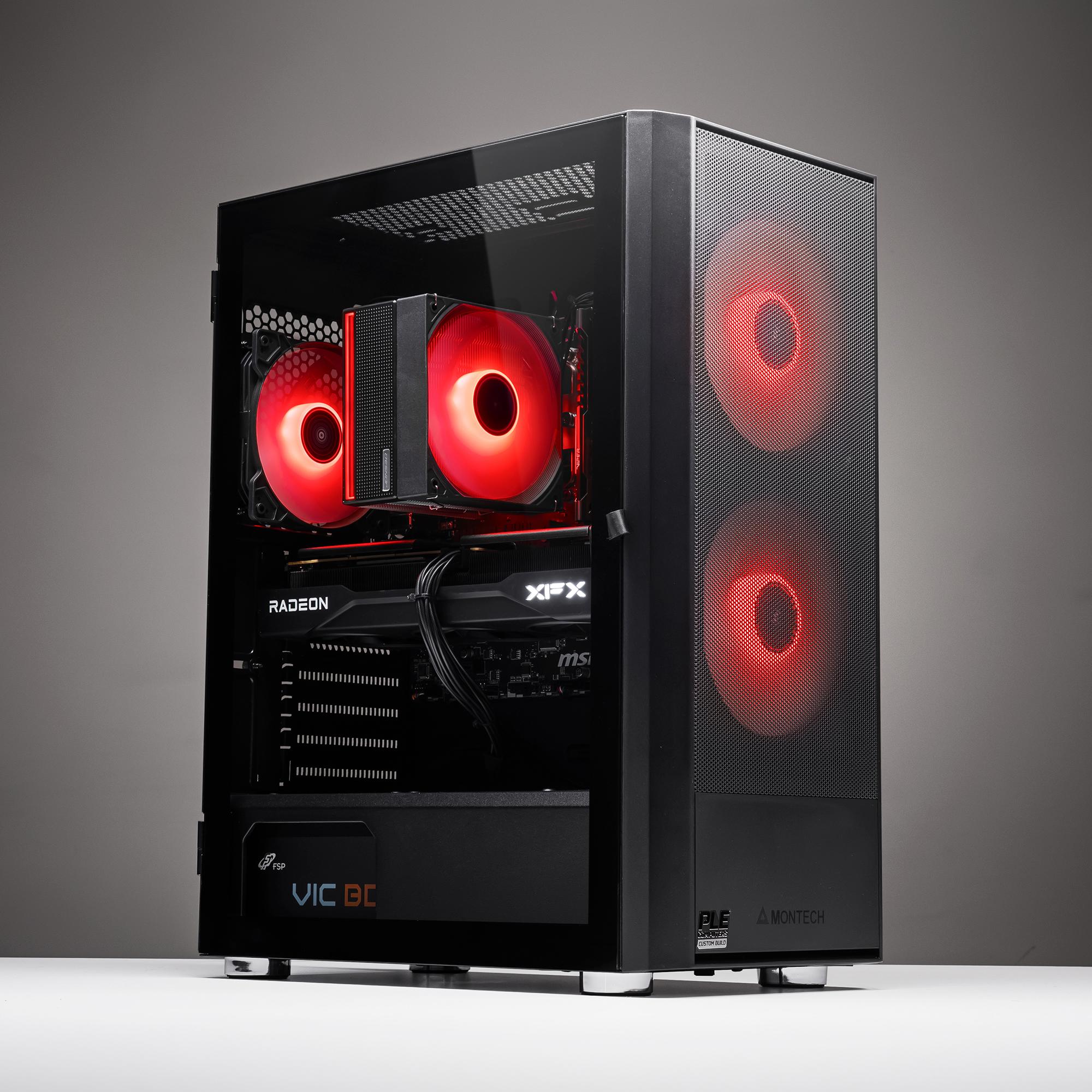 A large main feature product image of PLE Crimson RX 9060 XT Prebuilt Ready To Go Gaming PC