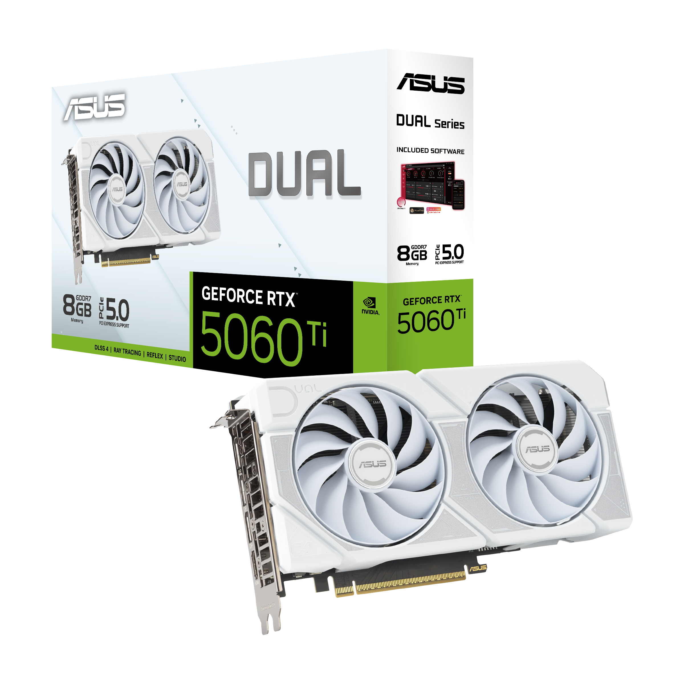 A large main feature product image of ASUS GeForce RTX 5060 Ti Dual 8GB GDDR7 - White