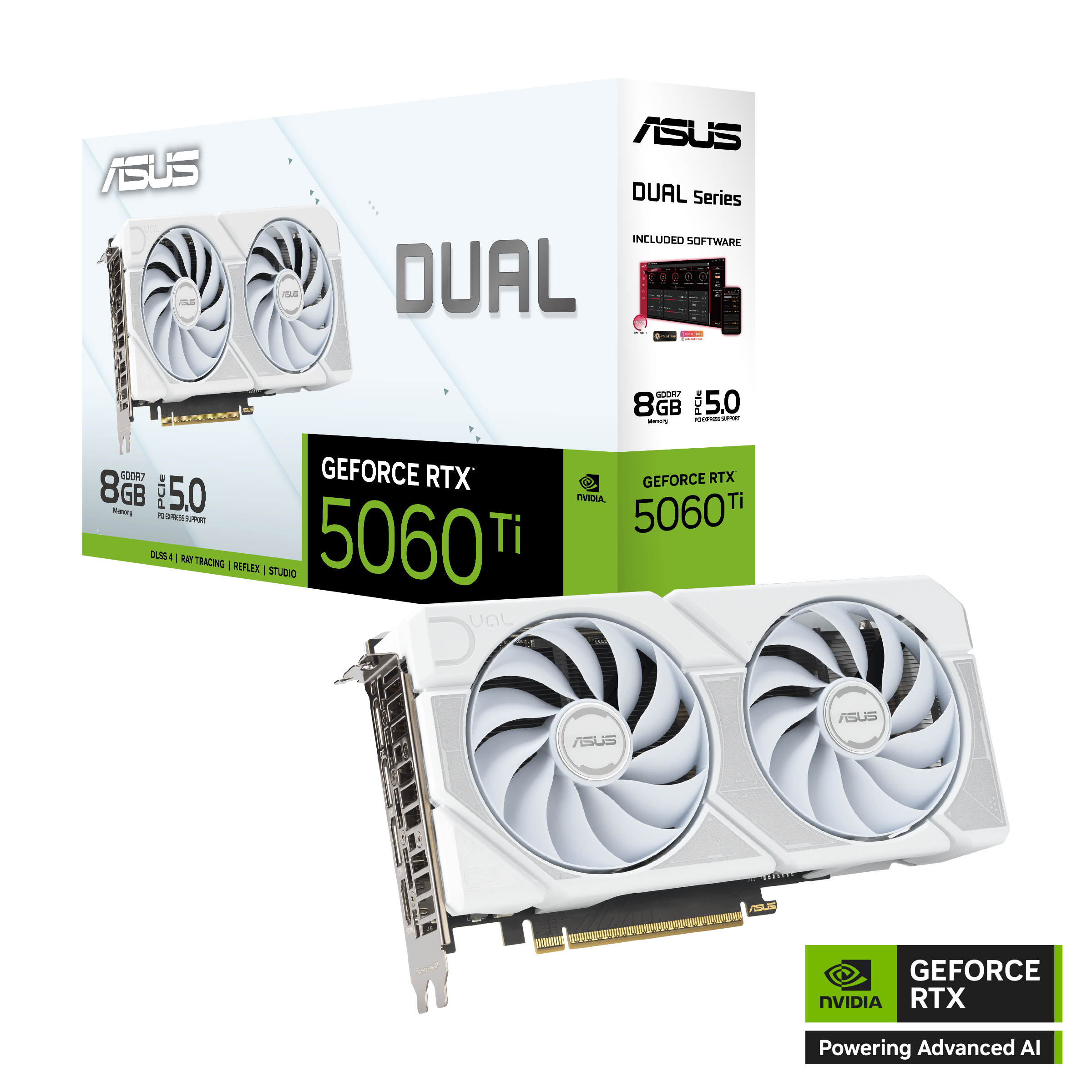 A large main feature product image of ASUS GeForce RTX 5060 Ti Dual 8GB GDDR7 - White