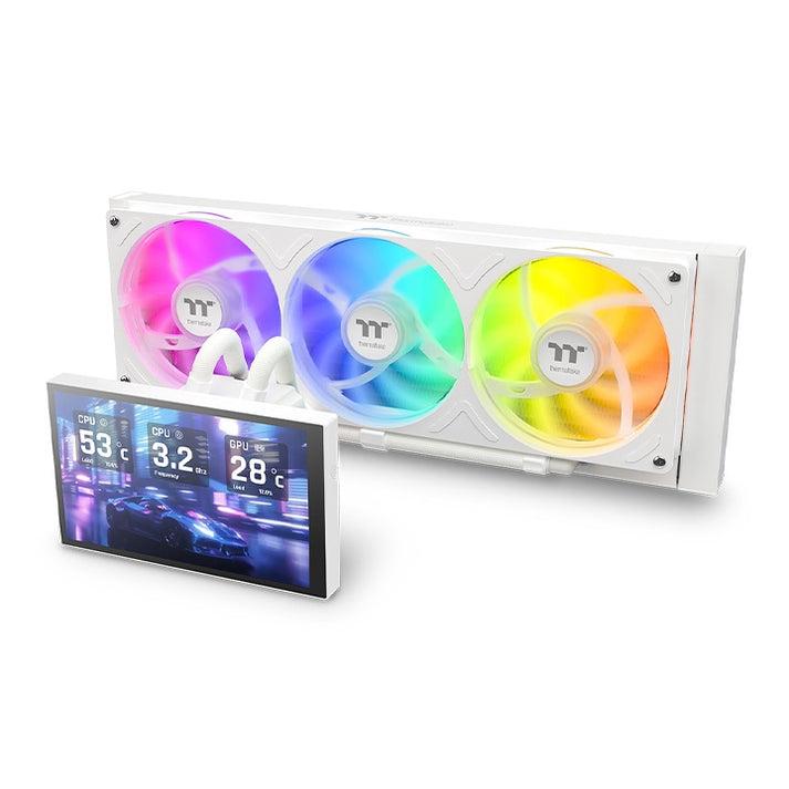 A large main feature product image of Thermaltake ST360 Ultra ARGB 360mm AIO CPU Cooler with 7" LCD - White