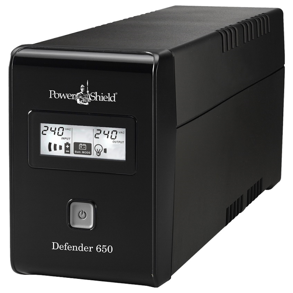 A large main feature product image of PowerShield Defender LCD 650VA UPS