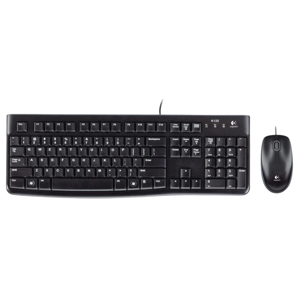 A large main feature product image of Logitech MK120 Wired Keyboard & Mouse Combo
