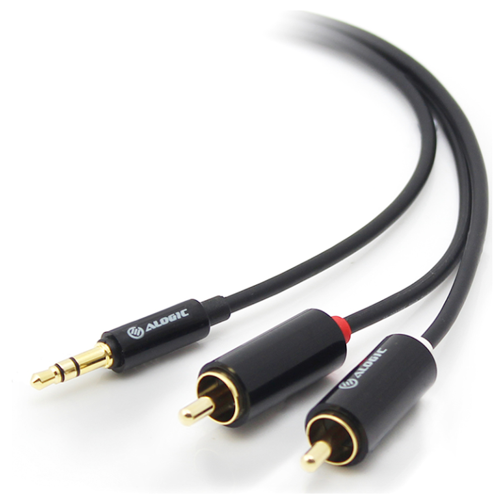 A large main feature product image of ALOGIC 3.5mm Stereo to 2x RCA Stereo 1m Cable