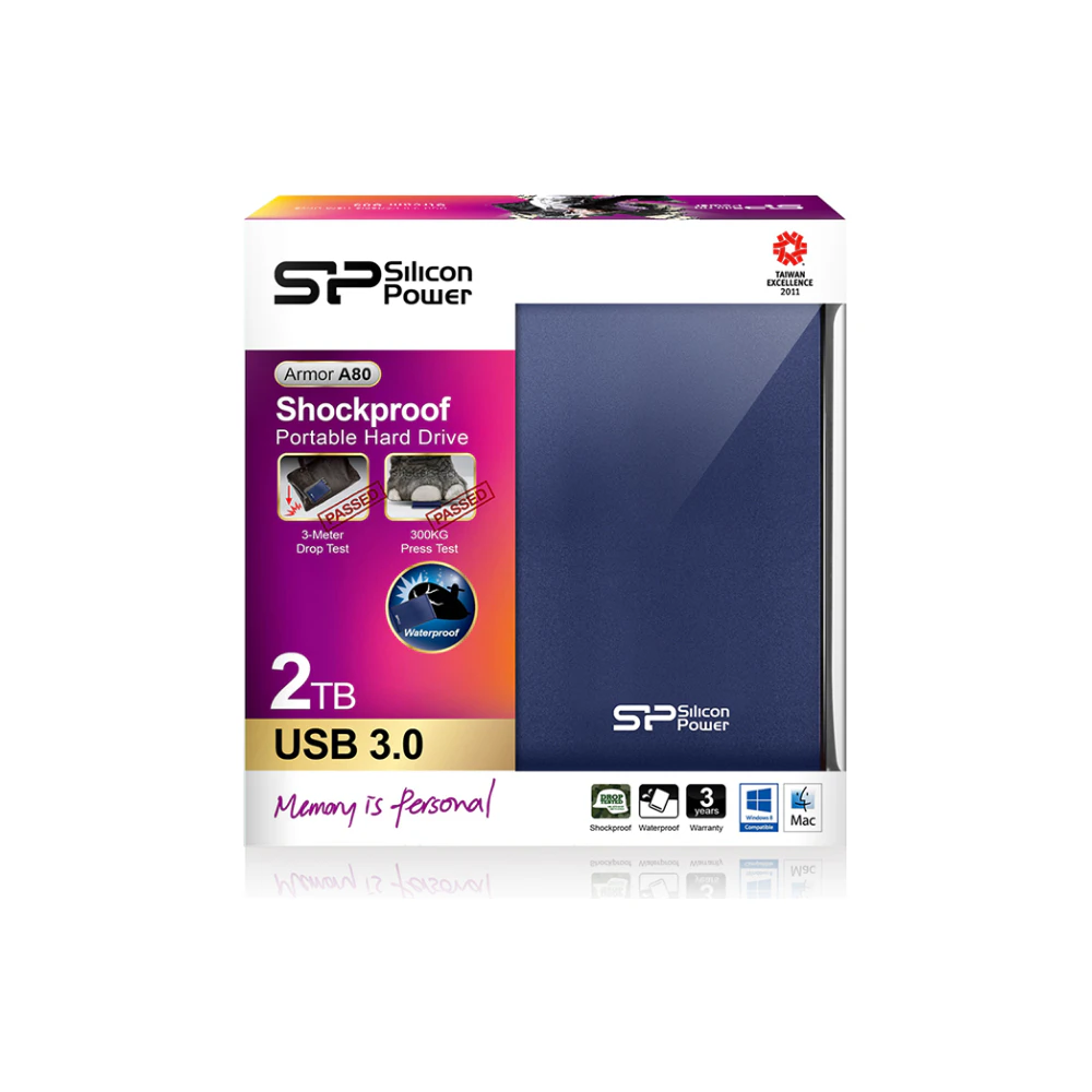 A large main feature product image of Silicon Power Armor A80 Water/Shock Proof 2TB USB3.0 2.5" Blue Portable HDD