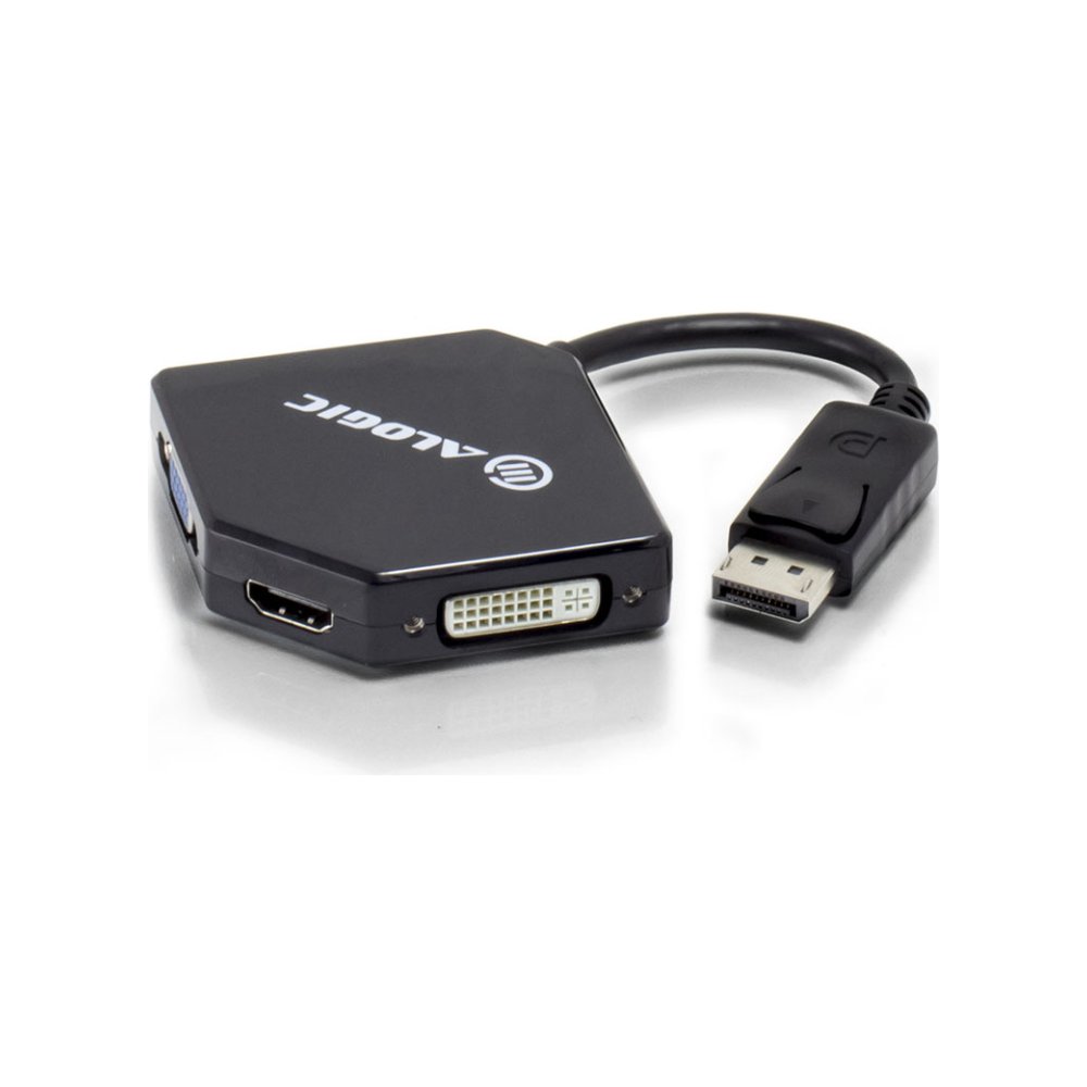 A large main feature product image of ALOGIC DisplayPort to HDMI DVI VGA 3-in-1 Adapter