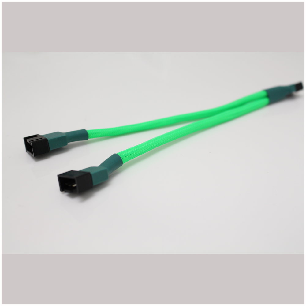 A large main feature product image of GamerChief 4-Pin PWM Fan Splitter (2 way) 15cm Sleeved (Green)