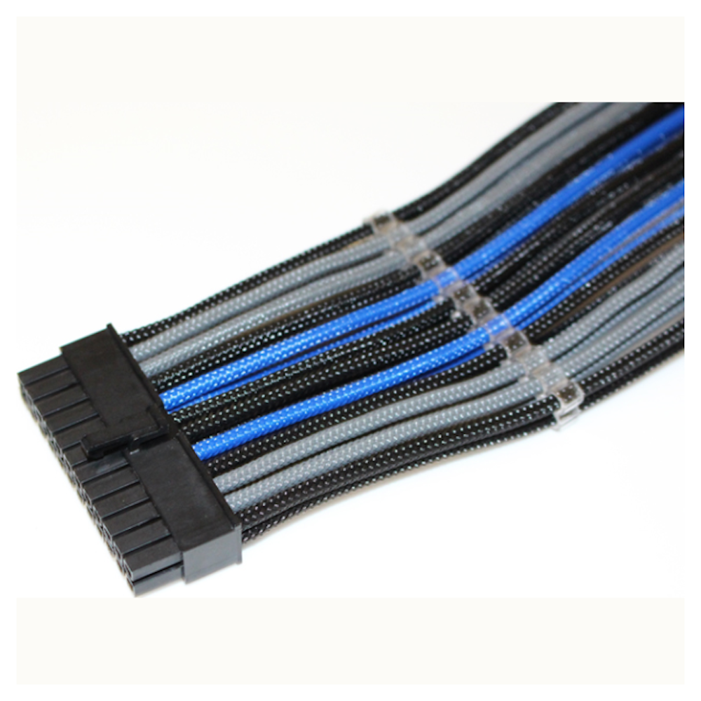 A large main feature product image of GamerChief Elite Series 24-Pin ATX 30cm Sleeved Extension Cable (Black/Blue/Grey)