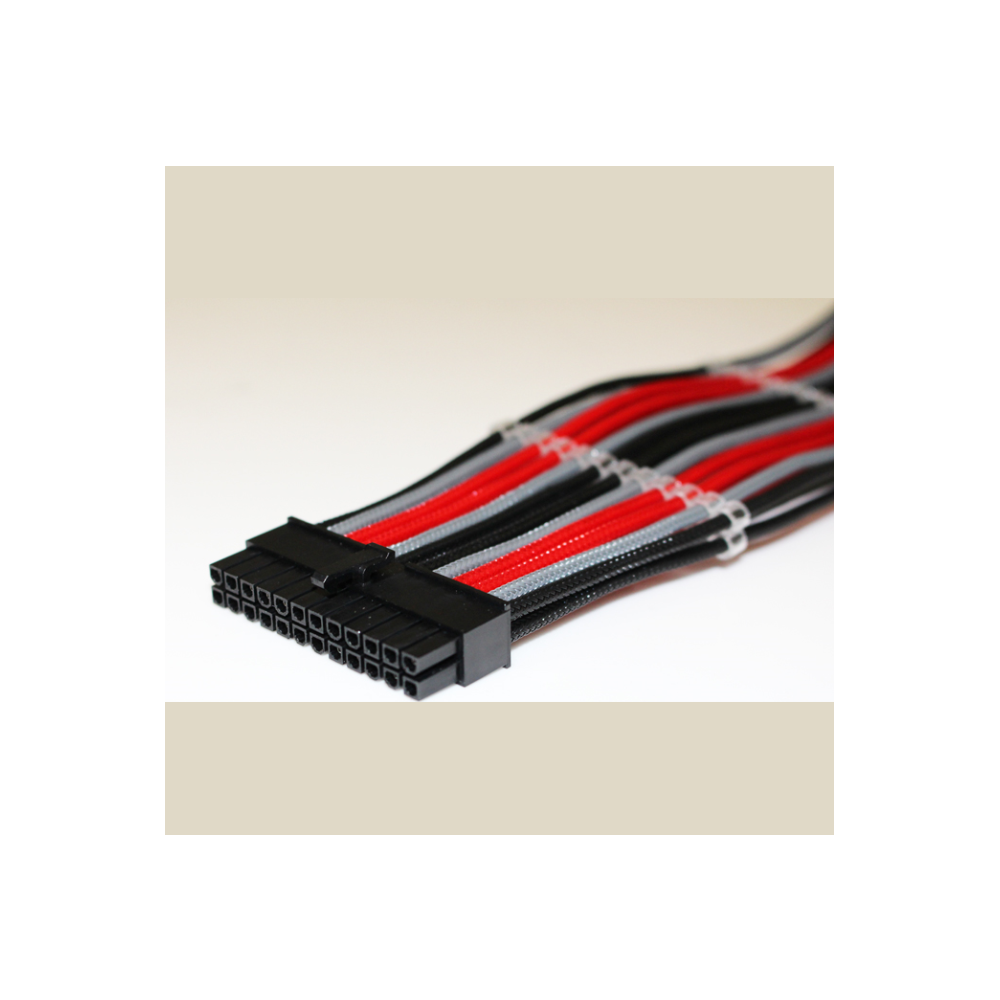 A large main feature product image of GamerChief Elite Series 24-Pin ATX 30cm Sleeved Extension Cable (Black/Red/Grey)