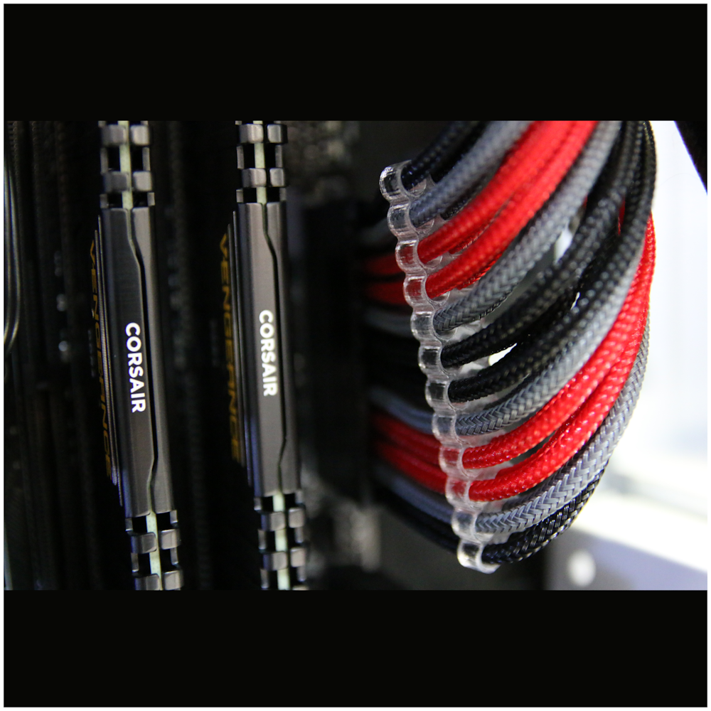 A large main feature product image of GamerChief Elite Series 24-Pin ATX 30cm Sleeved Extension Cable (Black/Red/Grey)