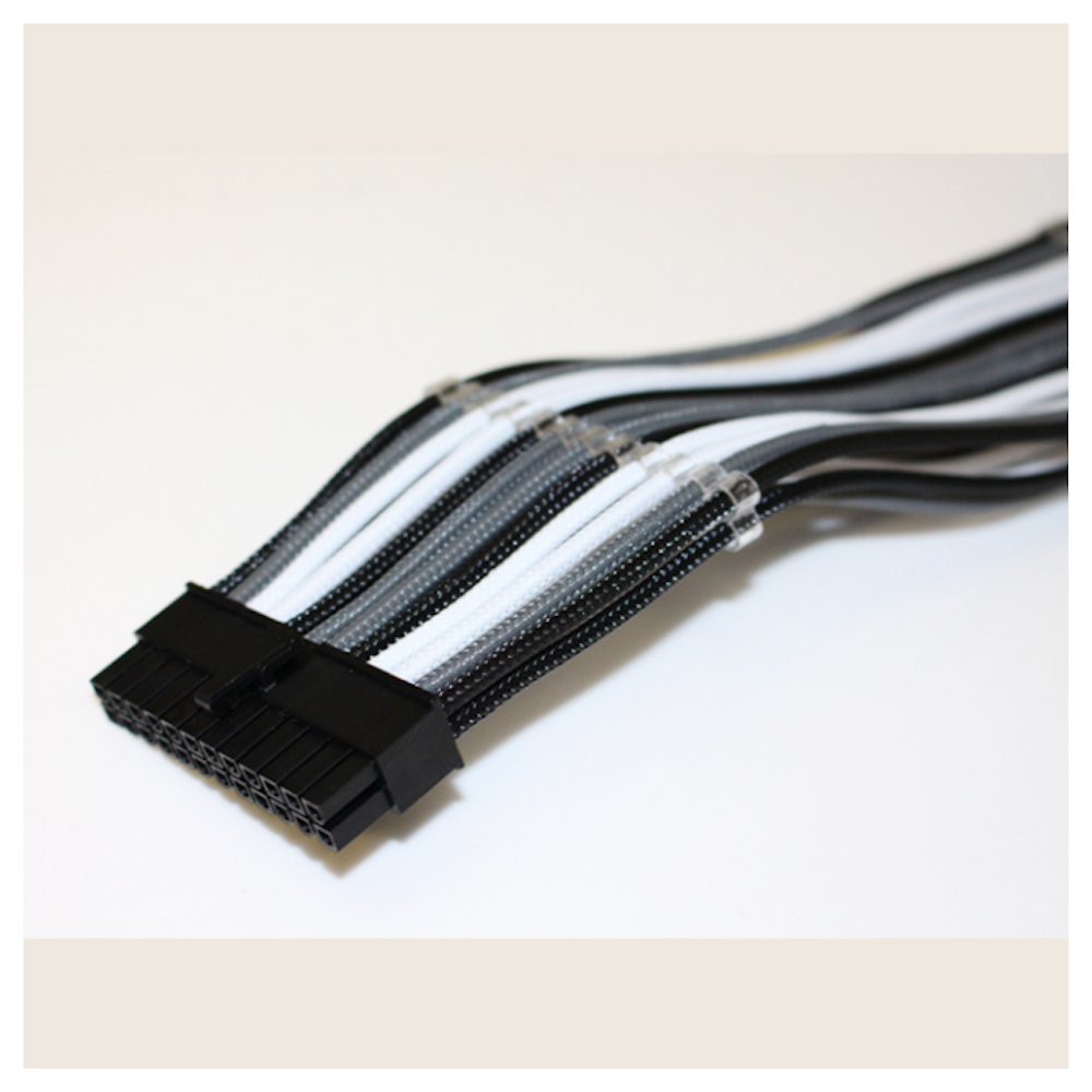 A large main feature product image of GamerChief Elite Series 24-Pin ATX 30cm Sleeved Extension Cable (Black/White/Grey)