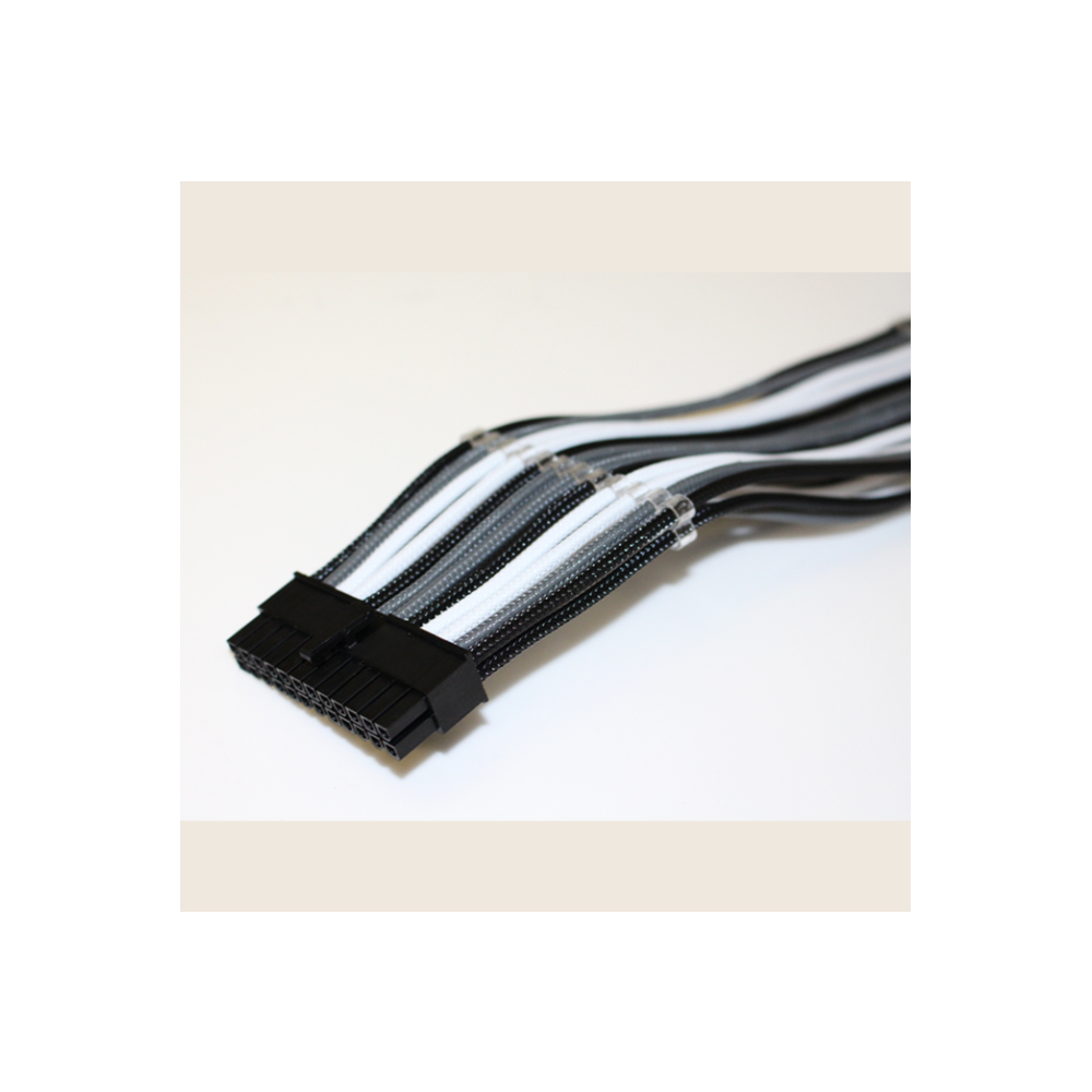 A large main feature product image of GamerChief Elite Series 24-Pin ATX 30cm Sleeved Extension Cable (Black/White/Grey)