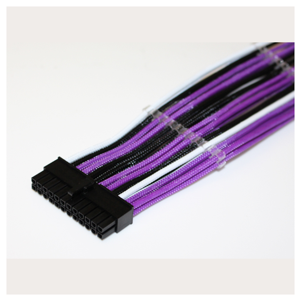 A large main feature product image of GamerChief Elite Series 24-Pin ATX 30cm Sleeved Extension Cable (Black/White/Purple)