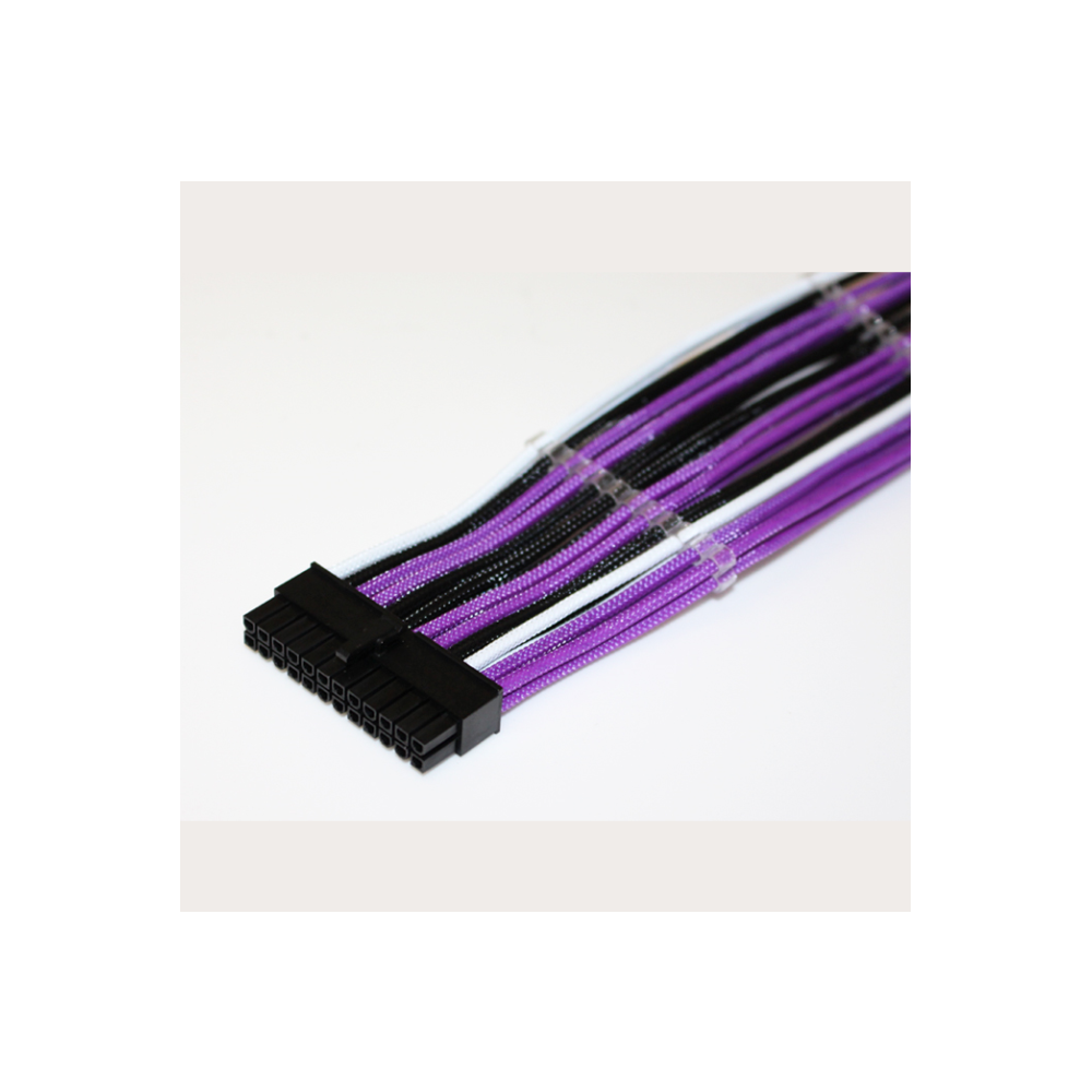 A large main feature product image of GamerChief Elite Series 24-Pin ATX 30cm Sleeved Extension Cable (Black/White/Purple)