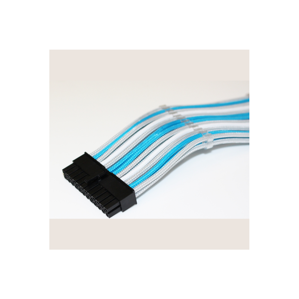 A large main feature product image of GamerChief Elite Series 24-Pin ATX 30cm Sleeved Extension Cable (White/Light Blue/Light Grey)
