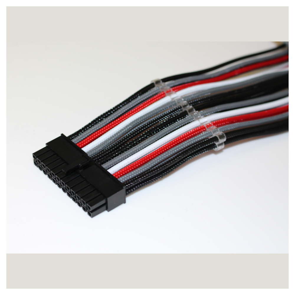 A large main feature product image of GamerChief Elite Series 24-Pin ATX 30cm Sleeved Extension Cable (Black/White/Red & Grey)