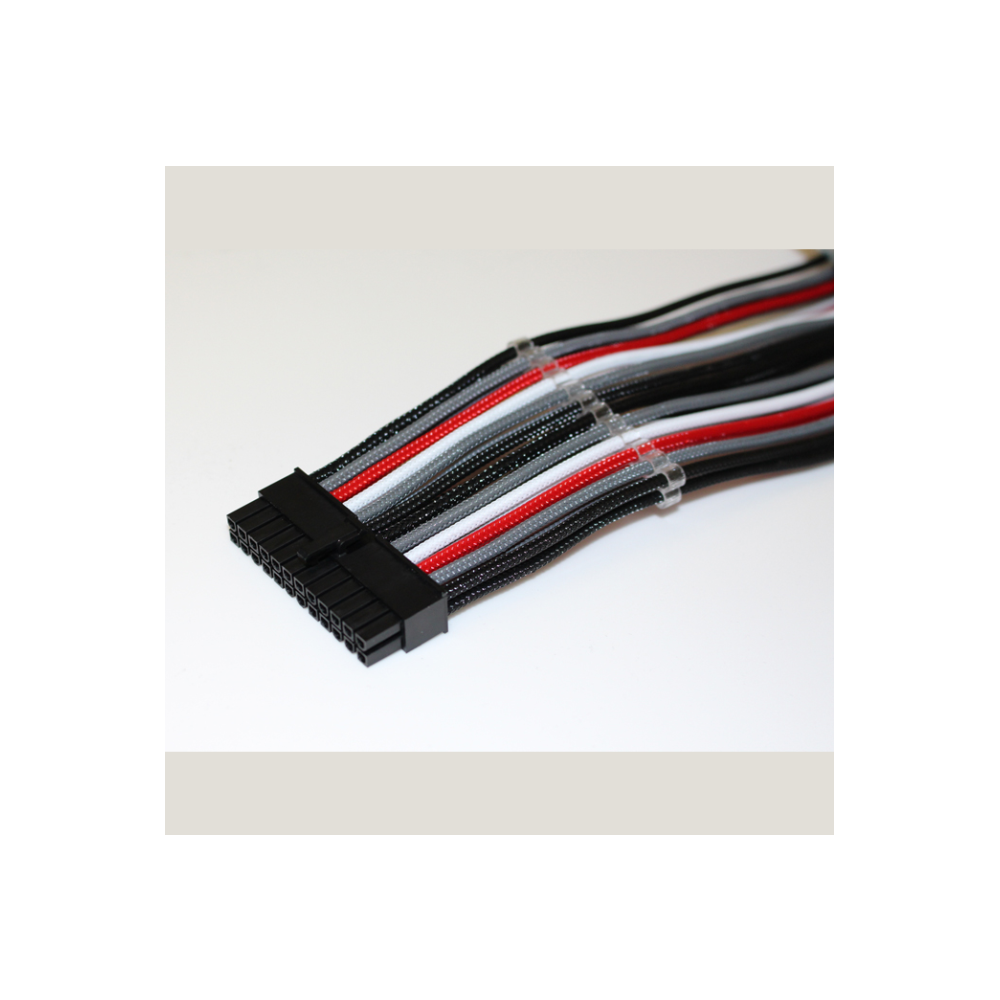 A large main feature product image of GamerChief Elite Series 24-Pin ATX 30cm Sleeved Extension Cable (Black/White/Red & Grey)