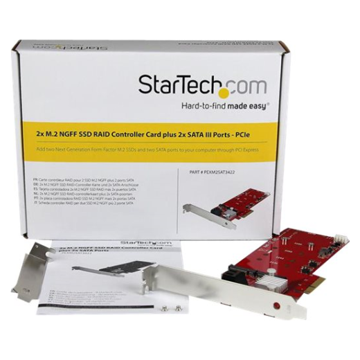 A large main feature product image of STARTECH M.2 RAID CONTROLLER CARD + 2X SATA PORTS