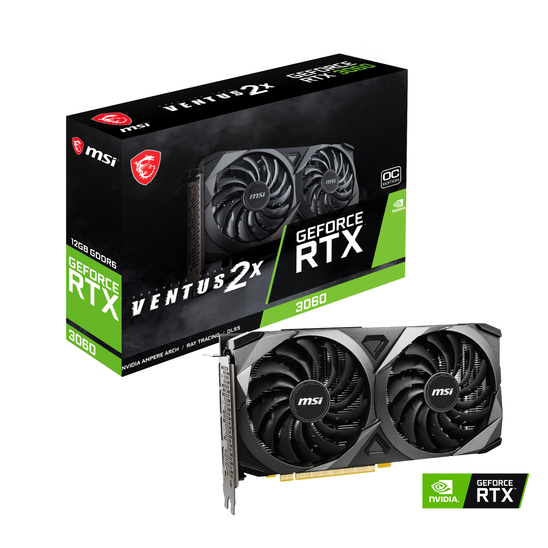 A large main feature product image of MSI GeForce RTX 3060 12GB GDDR6 VENTUS 2X OC