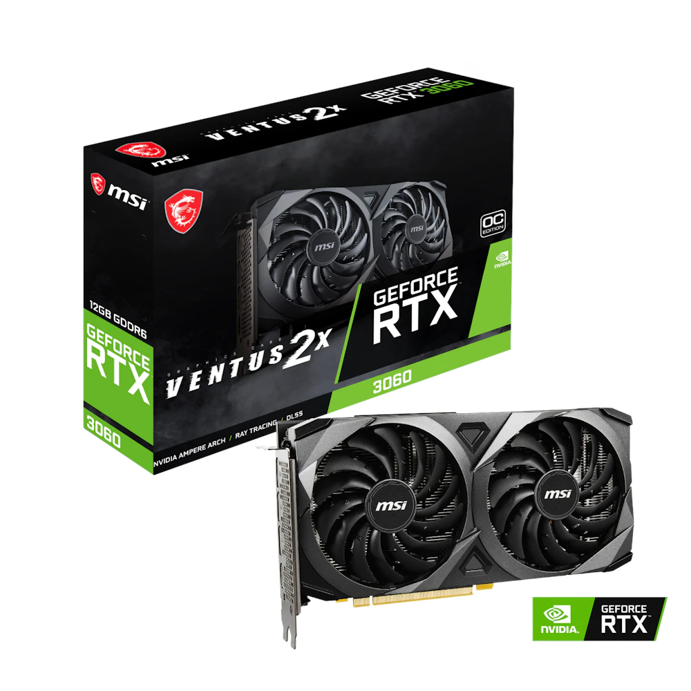 A large main feature product image of MSI GeForce RTX 3060 12GB GDDR6 VENTUS 2X OC
