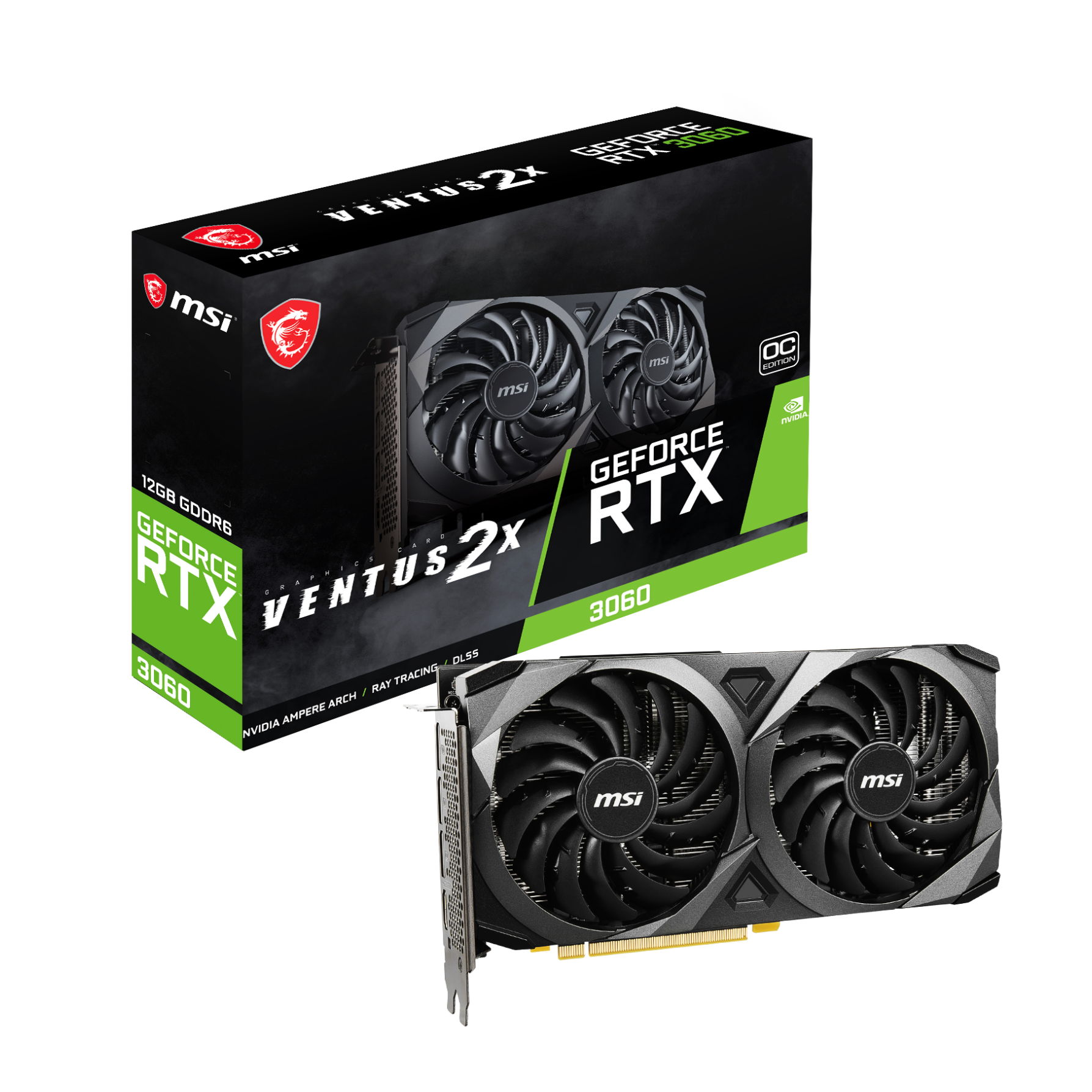 A large main feature product image of MSI GeForce RTX 3060 12GB GDDR6 VENTUS 2X OC