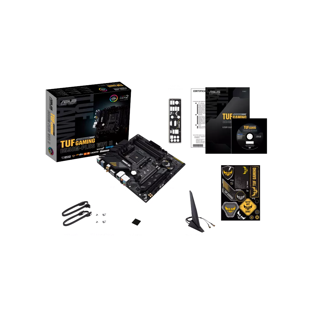 A large main feature product image of ASUS TUF Gaming B550M-Plus WiFi II AM4 mATX Desktop Motherboard