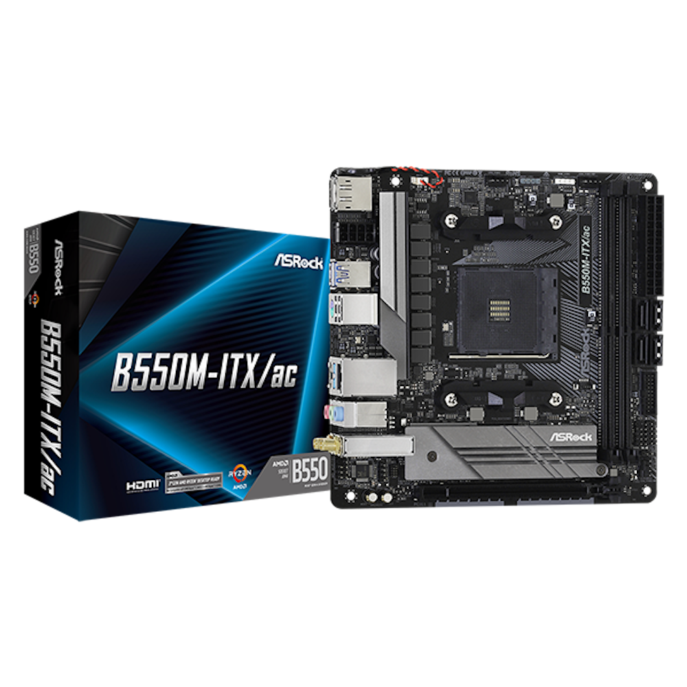A large main feature product image of ASRock B550M-ITX/ac AM4 mITX Desktop Motherboard