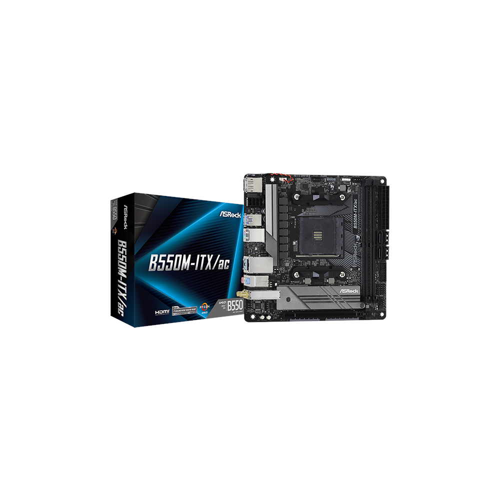 A large main feature product image of ASRock B550M-ITX/ac AM4 mITX Desktop Motherboard