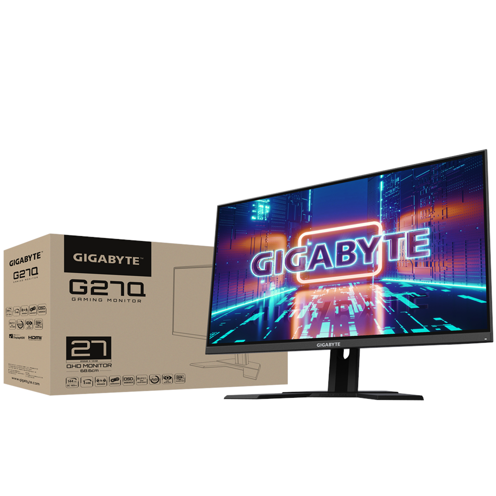 A large main feature product image of Gigabyte G27Q 27" QHD 144Hz IPS Monitor