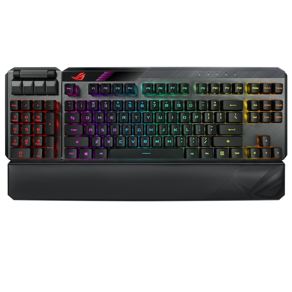 A large main feature product image of ASUS ROG Claymore TKL 80%/100% Wireless Mechanical Gaming Keyboard - ROG RX Blue
