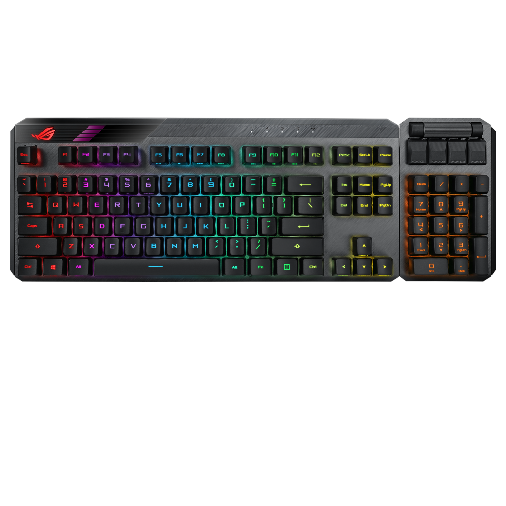 A large main feature product image of ASUS ROG Claymore TKL 80%/100% Wireless Mechanical Gaming Keyboard - ROG RX Blue