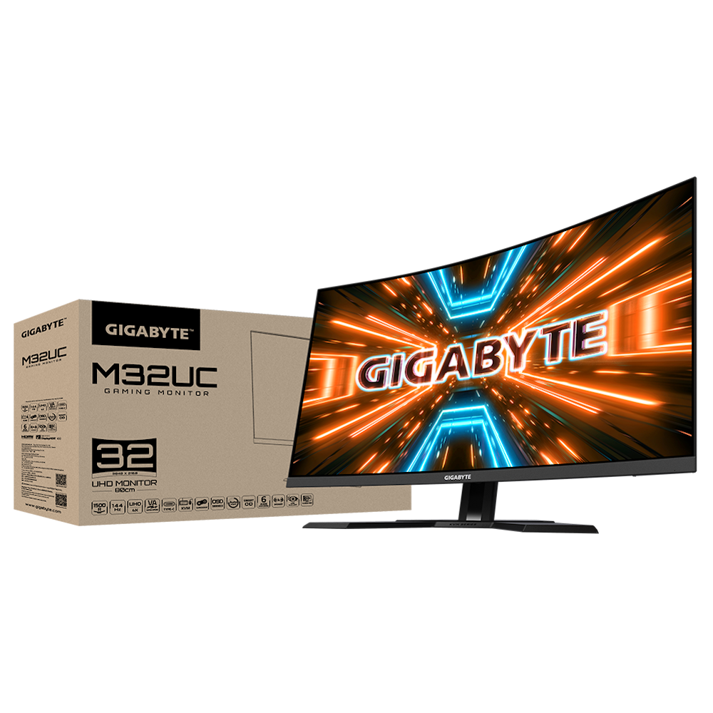 A large main feature product image of Gigabyte M32UC 31.5" Curved UHD 144Hz VA Monitor