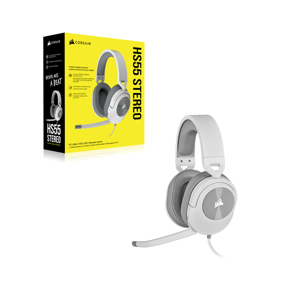 A large main feature product image of Corsair HS55 STEREO Wired Gaming Headset (White)