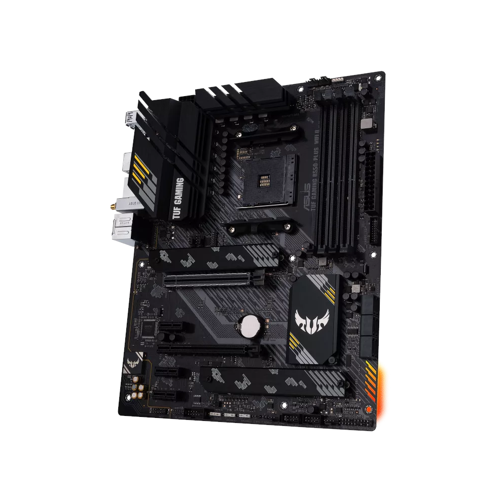 A large main feature product image of ASUS TUF Gaming B550-Plus WiFi II DDR4 AM4 ATX Desktop Motherboard