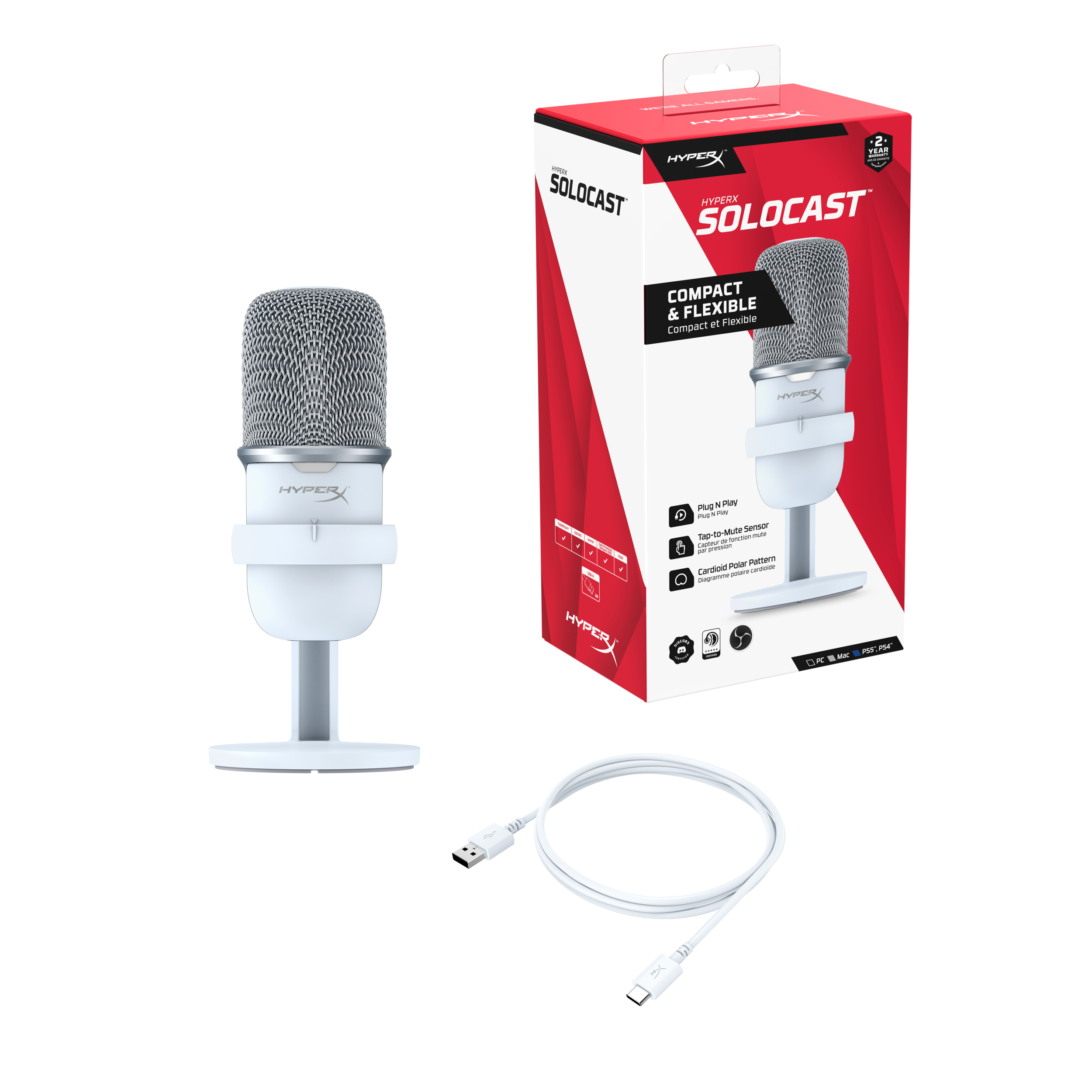 A large main feature product image of HyperX SoloCast - USB Condenser Microphone (White)