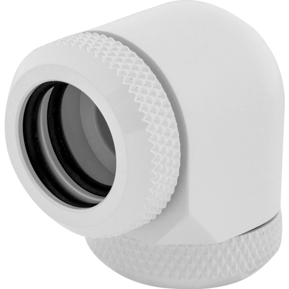 A large main feature product image of Corsair Hydro X Series XF Hardline 90° 14mm OD Fitting Twin Pack — White