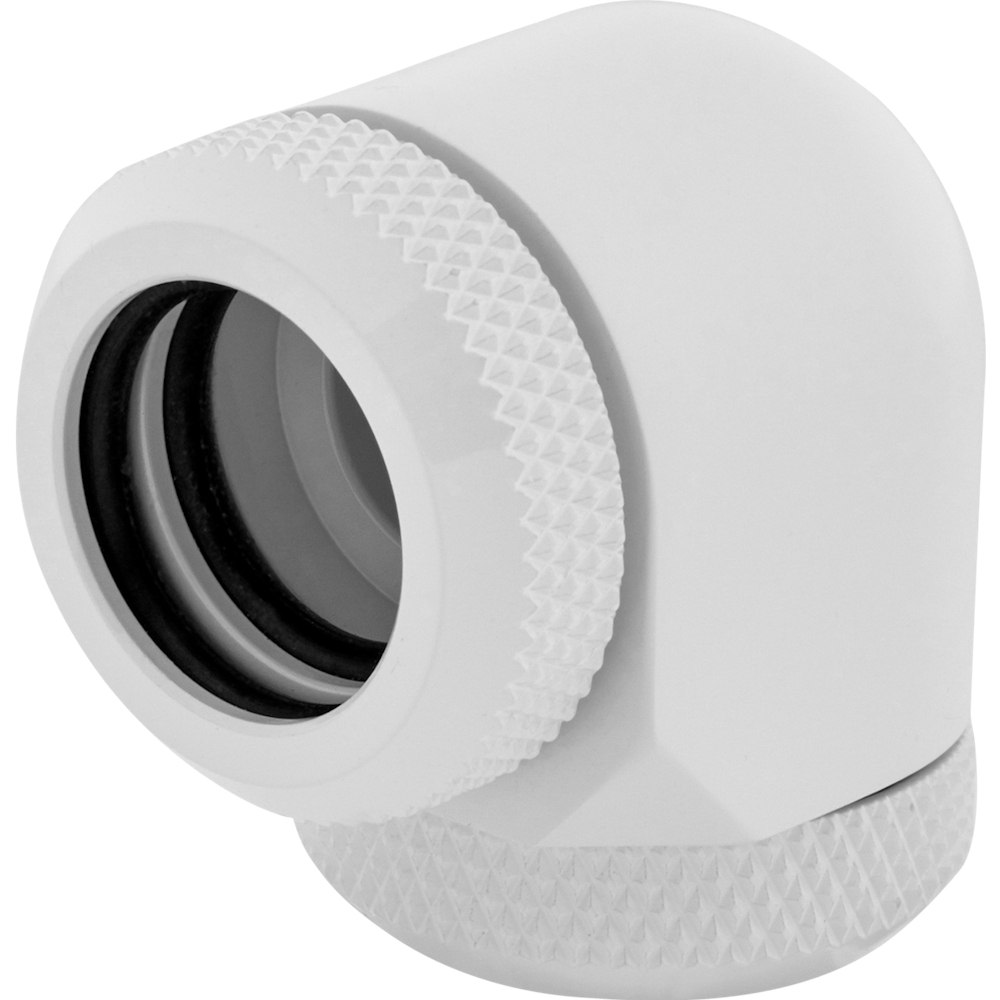 A large main feature product image of Corsair Hydro X Series XF Hardline 90° 14mm OD Fitting Twin Pack — White