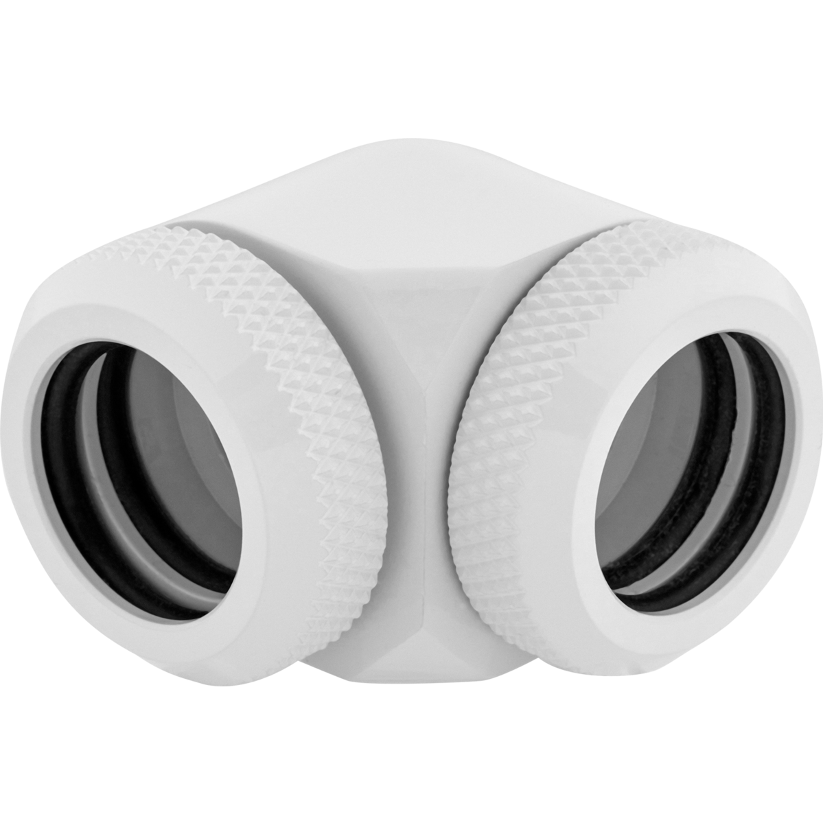 A large main feature product image of Corsair Hydro X Series XF Hardline 90° 14mm OD Fitting Twin Pack — White