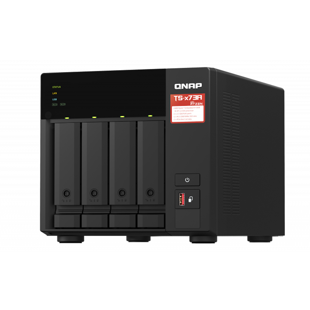 A large main feature product image of QNAP TS-473A-8G 4 Bay NAS with AMD R-Series Quad-core 2.1GHz, and Four 1GbE Ports